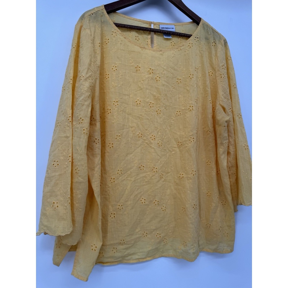 Liz Claiborne 2X Yellow Eyelet 100%‎ Cotton Top Spring Cottagecore Comfort Light - Picture 4 of 8